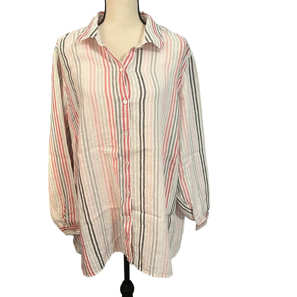 Love Linen J Jill 100% Linen Striped Lagenlook Button Down Essential Top Sz 3X